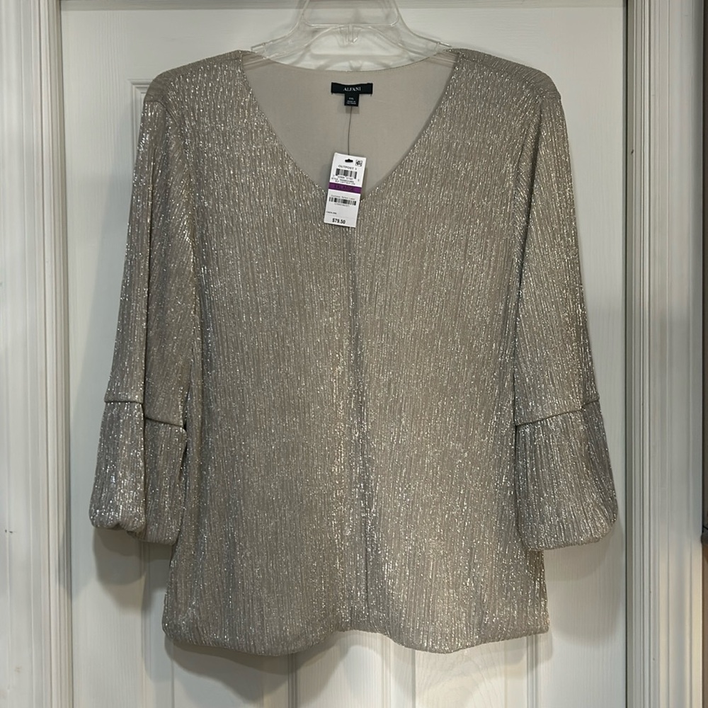Alfani Shimmer Taupe Metallic V-Neck Blouse